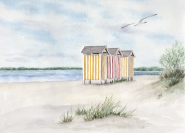 Postkarte DIN-A6 Aquarell Maritim Kunst Druck Kunstdruck Ostsee - Eckernförde Strand Umkleidekabinen - EKF3 Schleimünde Schlei Kappeln